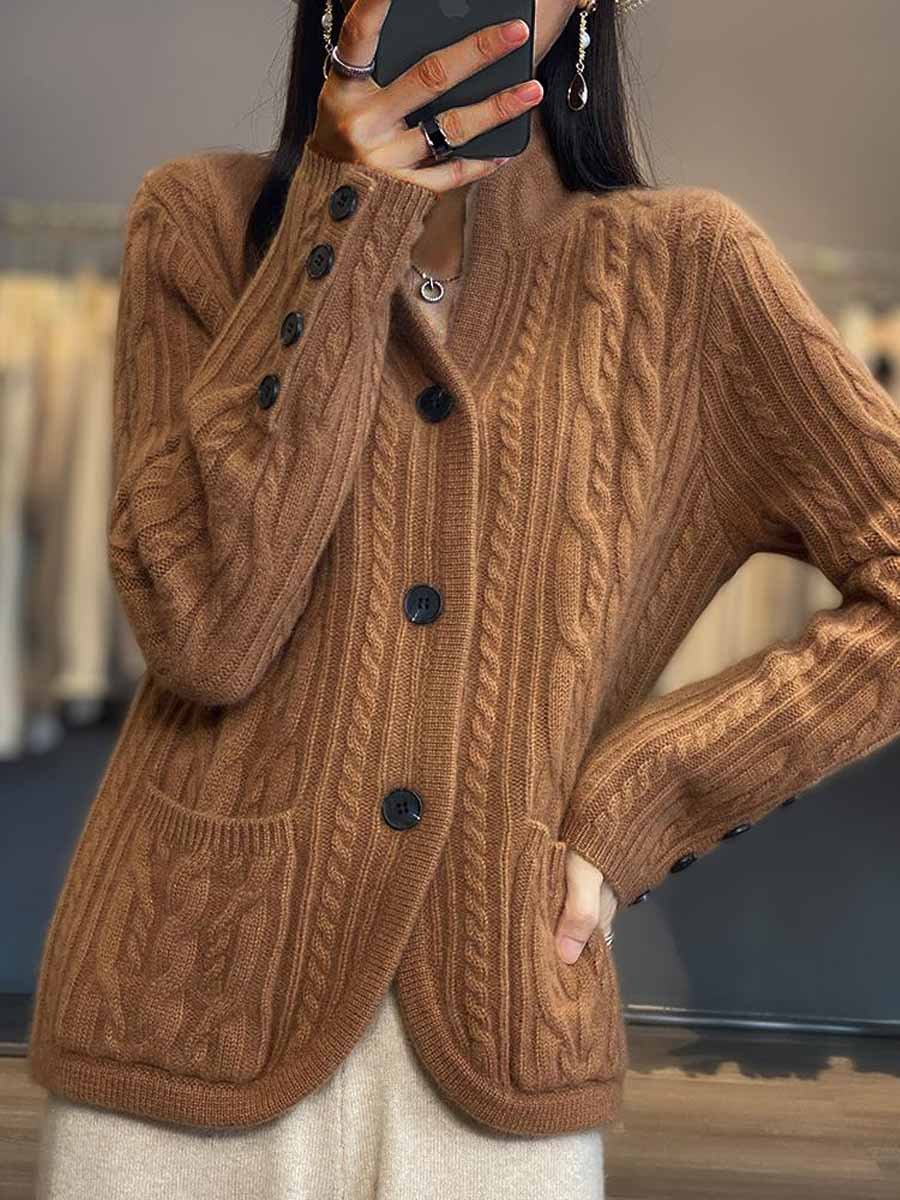 Drune | Cardigan - Geflochtener Knopf Stehkragen Strickcardigan