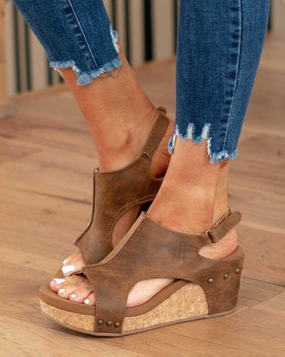 Drune - Damen Plateau-Keilsandalen aus Kork mit Fesselriemchen | Stilvolle Sandalen mit offenem Zehenbereich und Keilabsatz für Damen