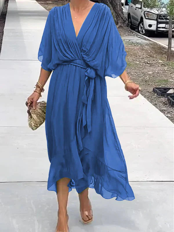 Drune | Grünes Chiffonkleid mit V-Ausschnitt