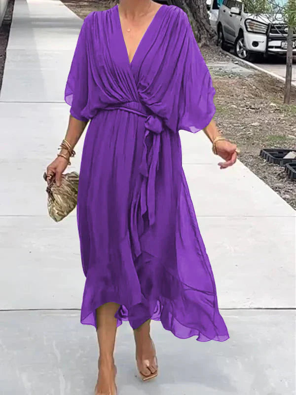 Drune | Grünes Chiffonkleid mit V-Ausschnitt