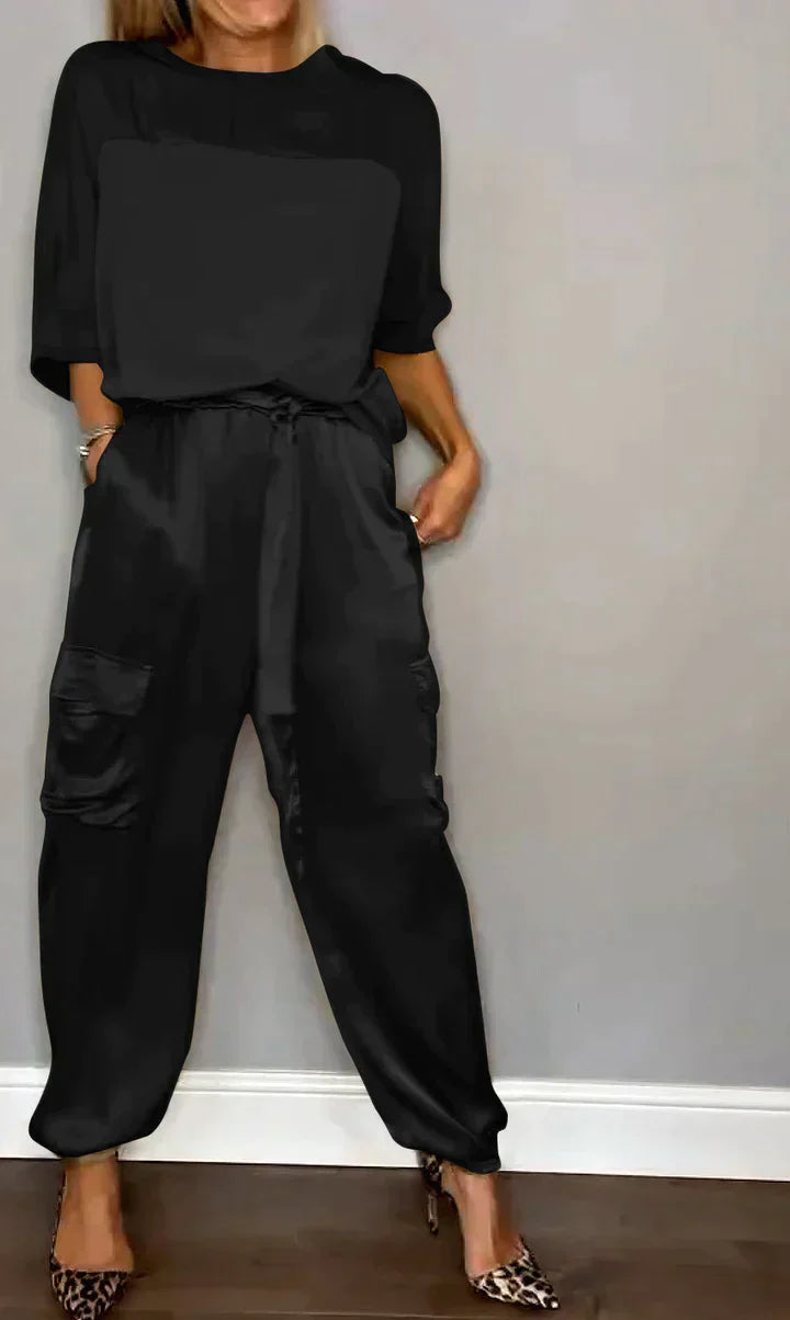 Drune | Zweiteiliges Satinanzug Mit Mittellanger Bluse Und Hose Für Damen