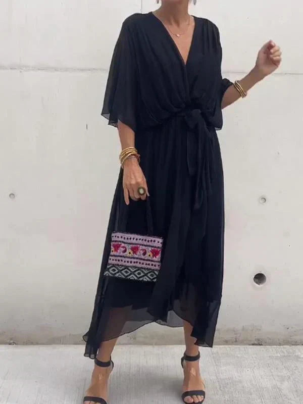 Drune | Grünes Chiffonkleid mit V-Ausschnitt
