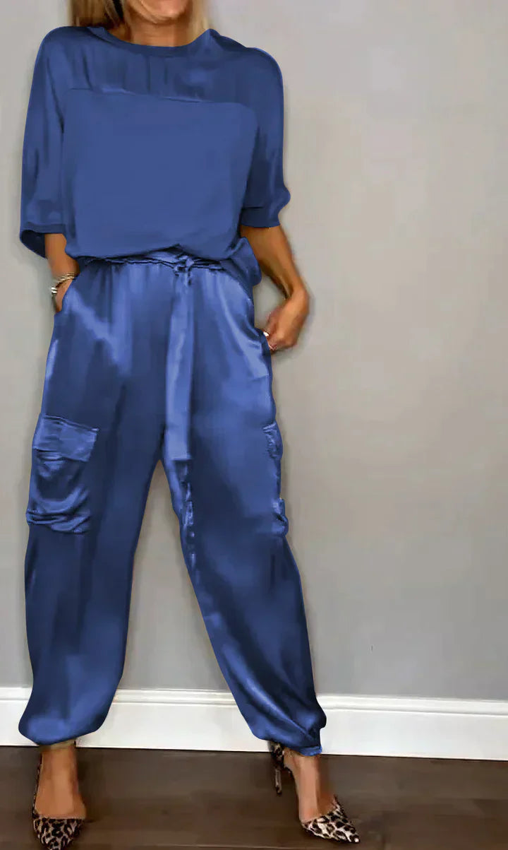 Drune | Zweiteiliges Satinanzug Mit Mittellanger Bluse Und Hose Für Damen