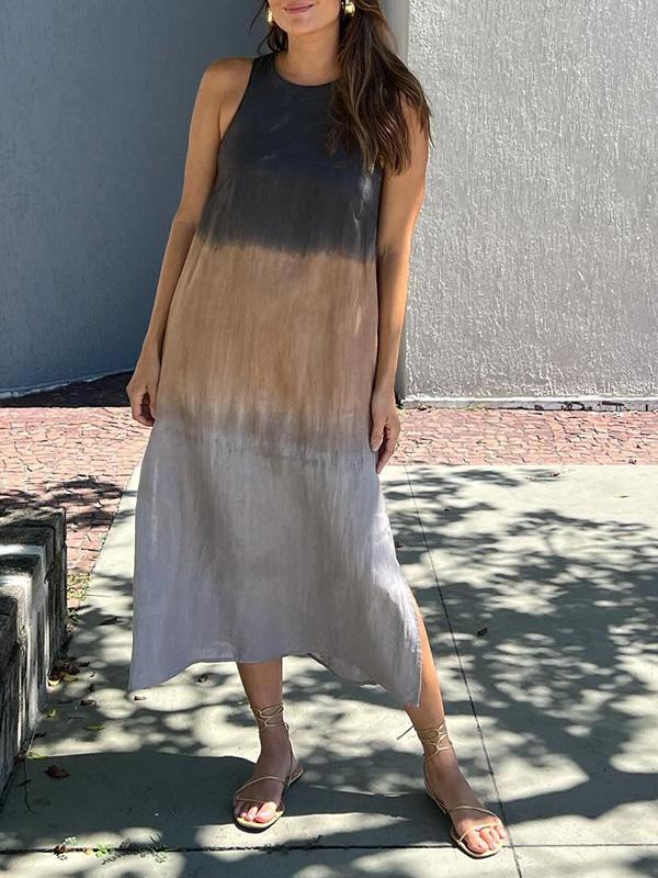 Drune | Luftiges Leinenkleid Aus Baumwolle mit Farbverlauf und Schlitz Am Bein