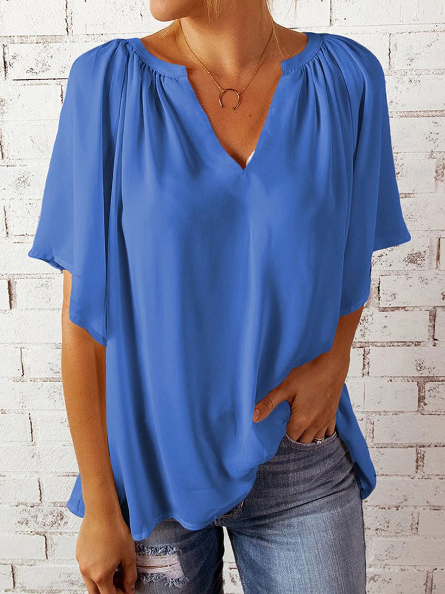 Drune | Casual V Neck Loose Chiffon Tunika Bluse mit Falten