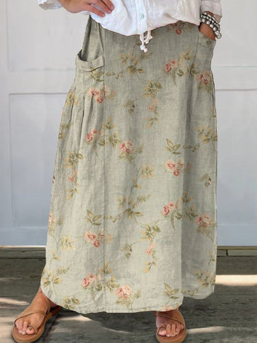 Drune | Grüner Blumenmuster Damen Leinen Elastischer Bund Taschenrock