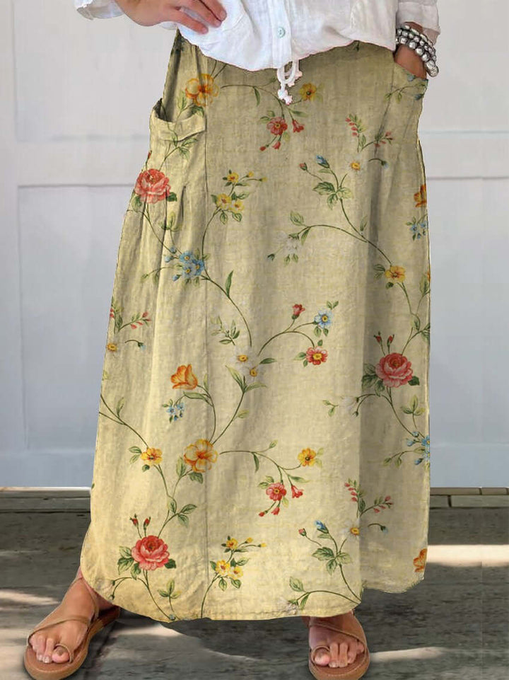 Drune | Retro Elegante Florale Kunst Leinen Elastischer Taillenbund Taschenrock