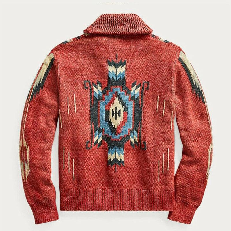 Drune | Strickjacke im Vintage Western Stil - Cardigan mit Schalkragen & Aztekenmuster, Knopfleiste & Taschen
