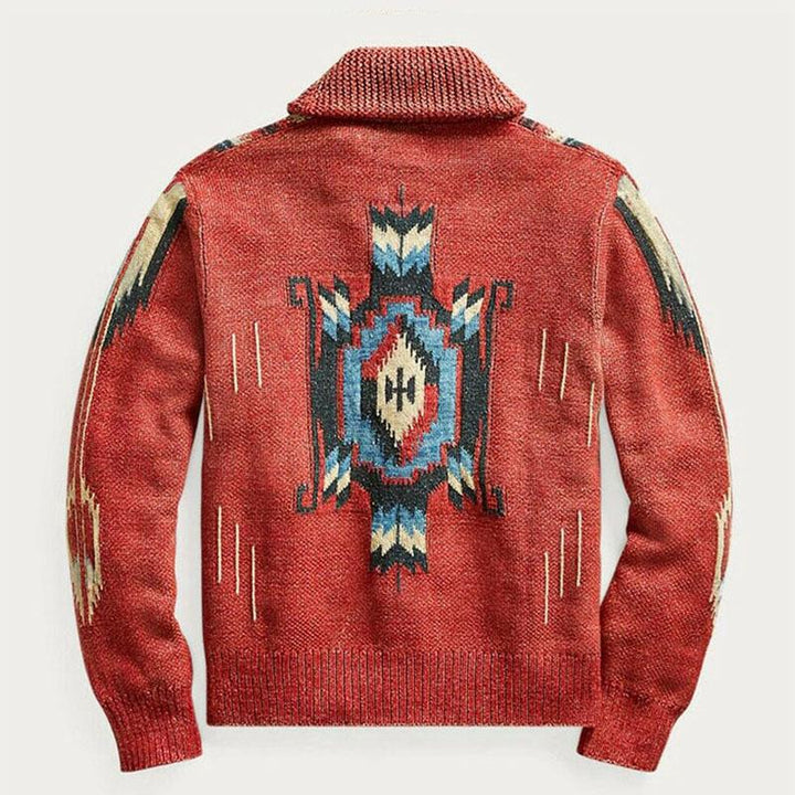 Drune | Strickjacke im Vintage Western Stil - Cardigan mit Schalkragen & Aztekenmuster, Knopfleiste & Taschen