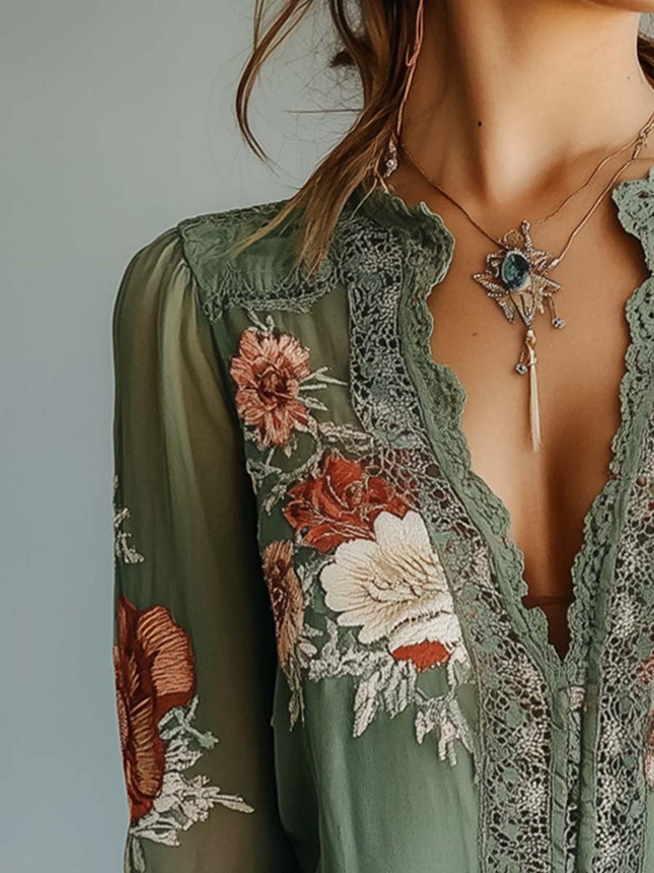 Drune | Boho Bluse Mit Spitze Und Blumenmuster