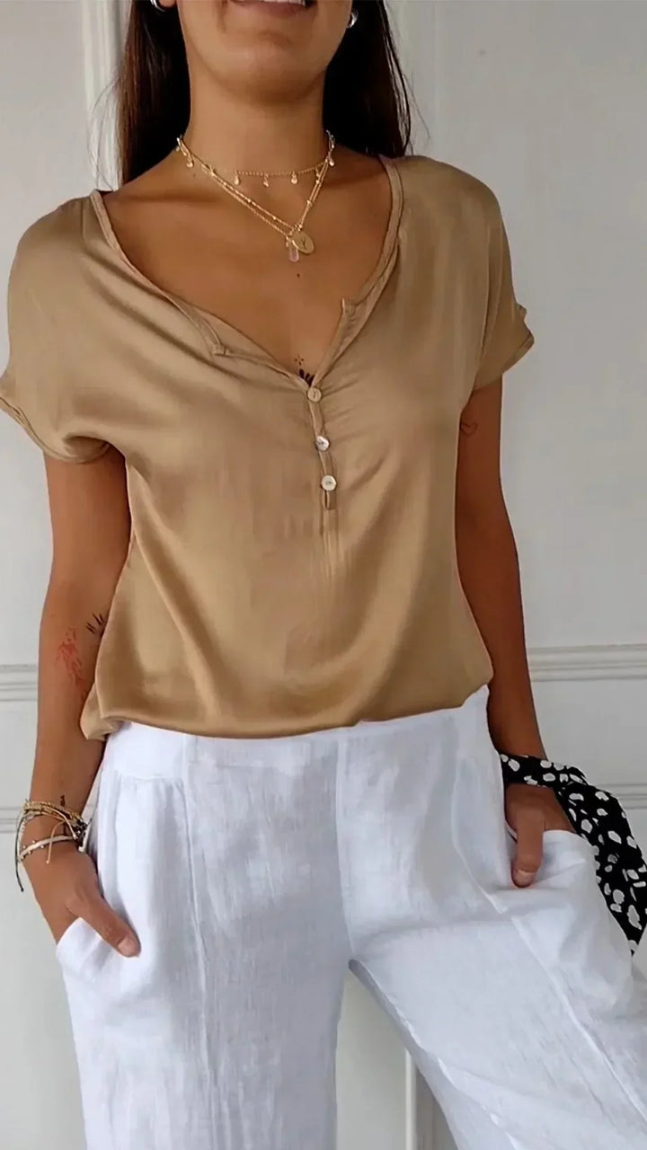 Drune | Satin Top mit V-Ausschnitt und Knopfverschluss
