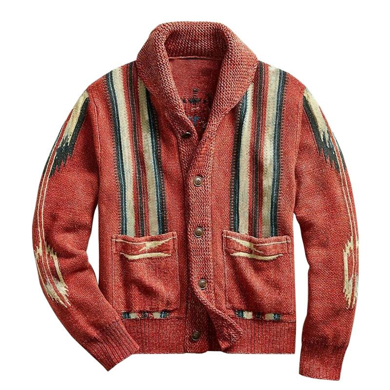 Drune | Strickjacke im Vintage Western Stil - Cardigan mit Schalkragen & Aztekenmuster, Knopfleiste & Taschen