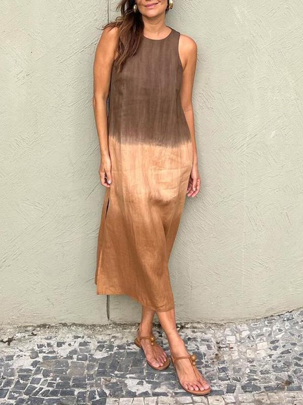 Drune | Lange, Ärmellose, Lockere Kleid Aus Baumwolle Und Leinen Mit Gedämpftem Tie Dye Schlitz Für Frauen