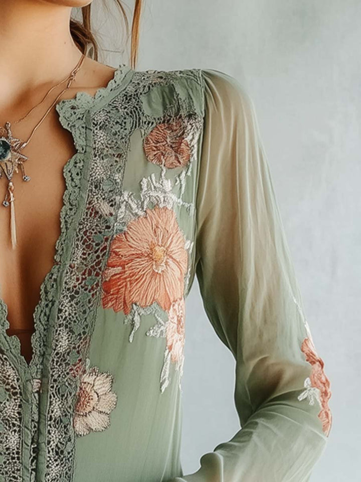 Drune | Boho Bluse Mit Spitze Und Blumenmuster