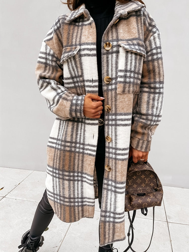 Drune | Damen Karierter Hemd Mantel - Lang