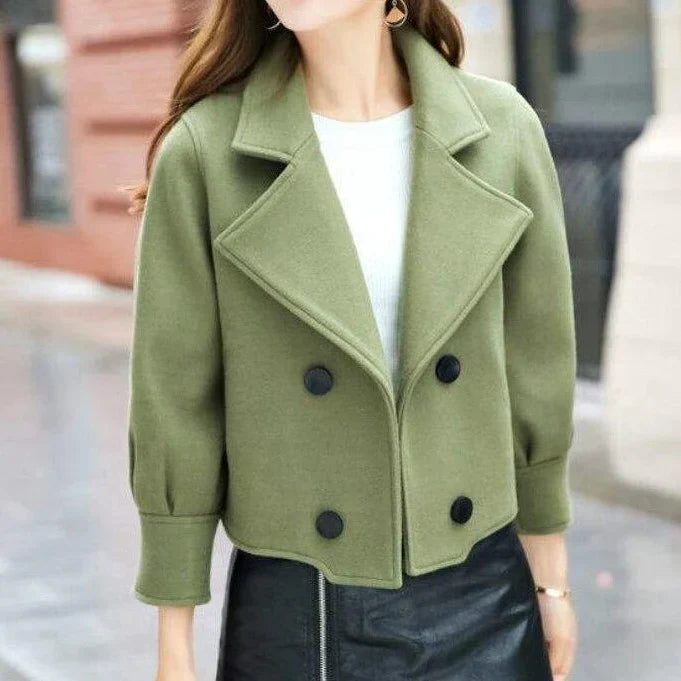 Drune | Damen Kurzjacke mit Reverskragen – Zweireihiger Woll-Look Blazer für Herbst & Alltag