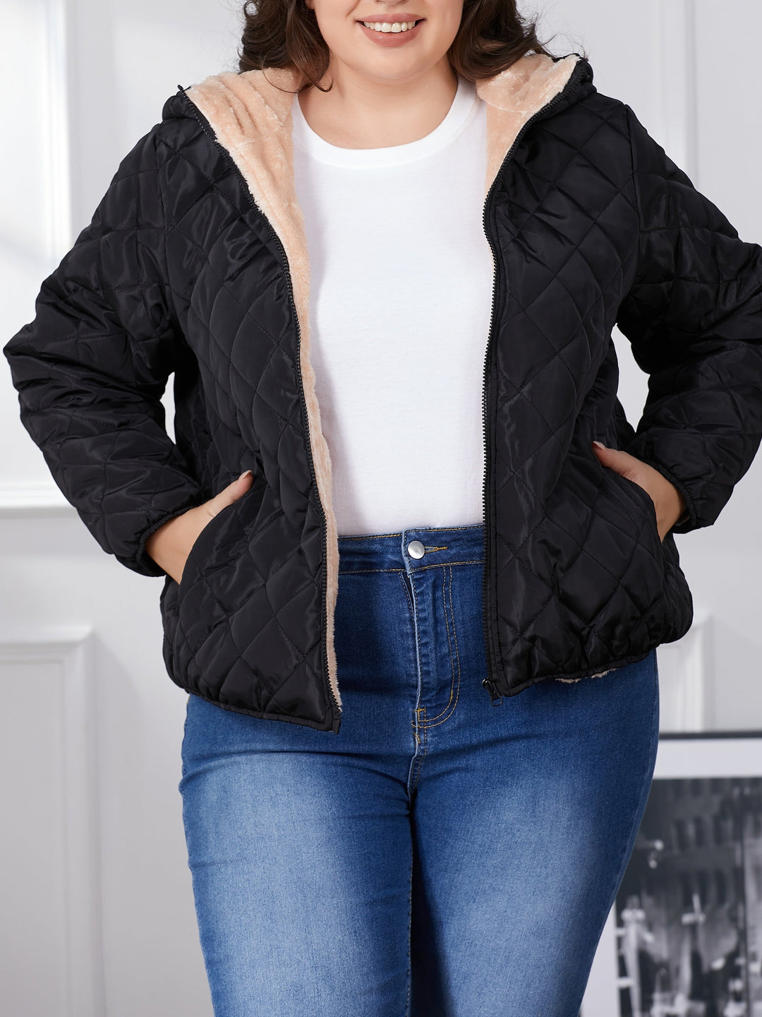 Drune | Plus Size Farbkombination gesteppte Jacke mit Kapuze