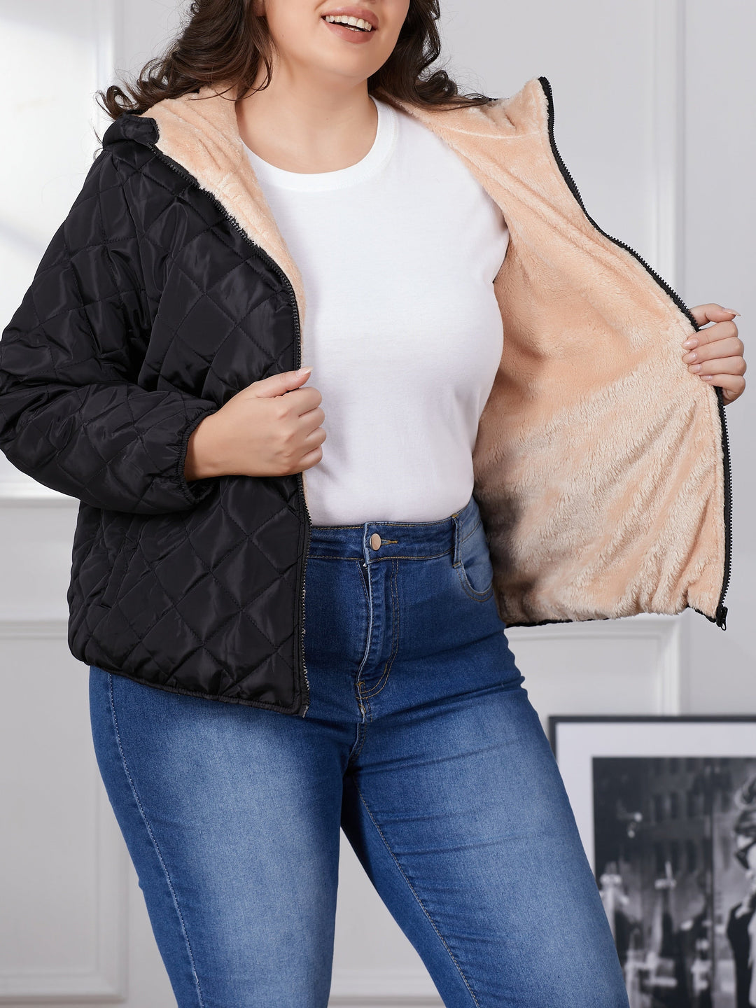 Drune | Plus Size Farbkombination gesteppte Jacke mit Kapuze