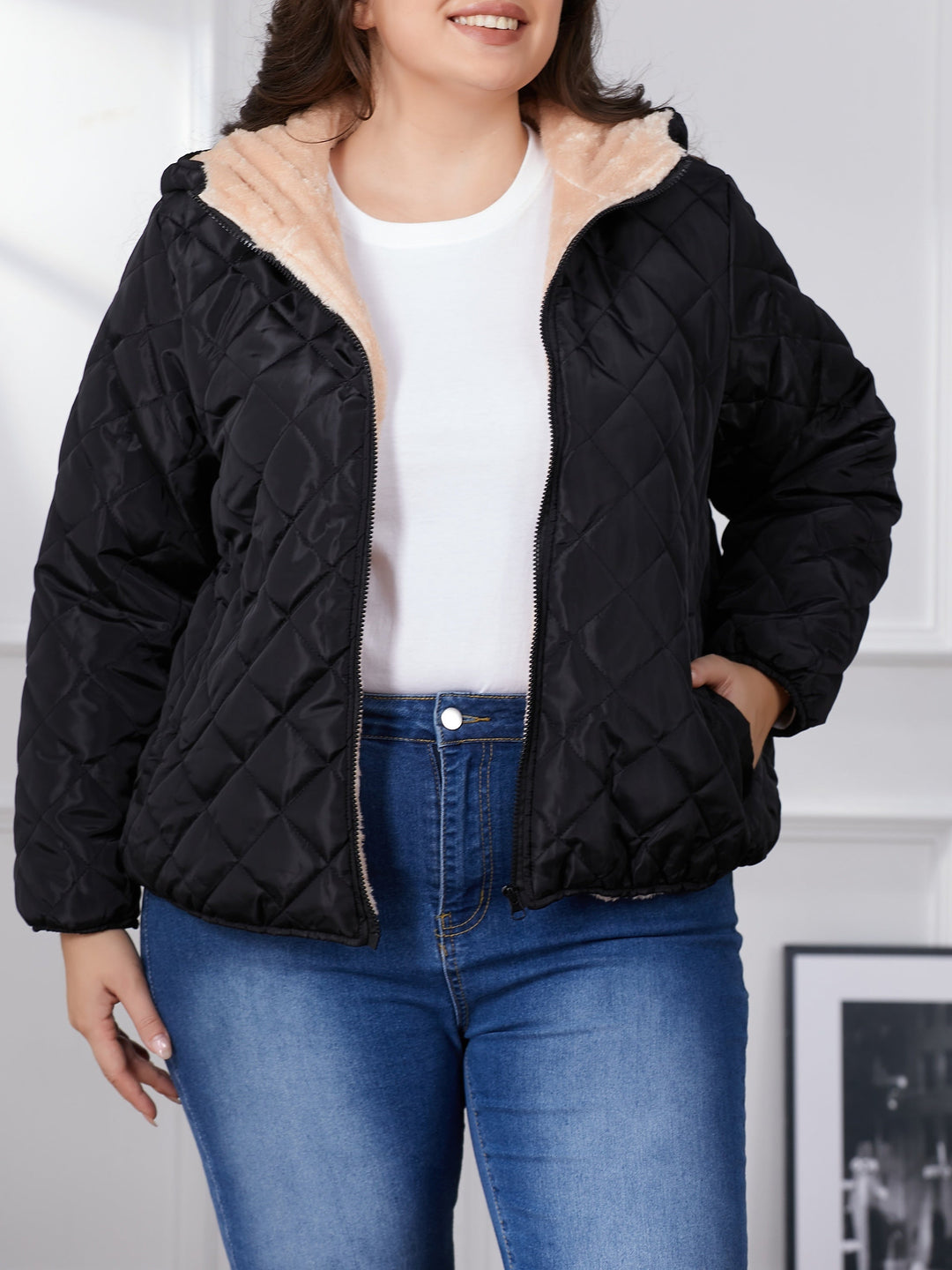 Drune | Plus Size Farbkombination gesteppte Jacke mit Kapuze