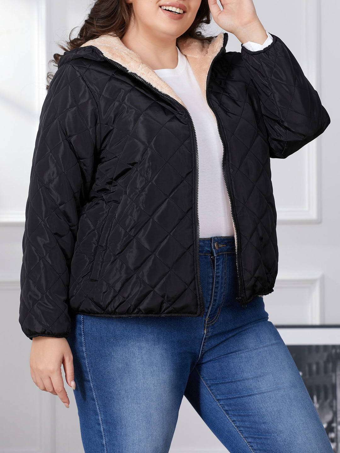 Drune | Plus Size Farbkombination gesteppte Jacke mit Kapuze