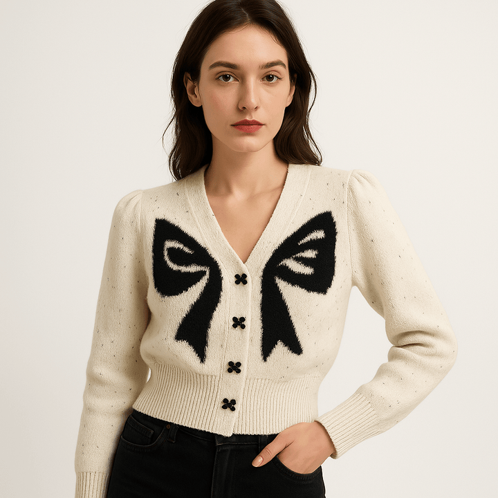 Drune | Cardigan Knoten Kontrast Weiß & Schwarz Weiblicher und Kreativer Stil