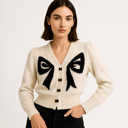 Drune | Cardigan Knoten Kontrast Weiß & Schwarz Weiblicher und Kreativer Stil