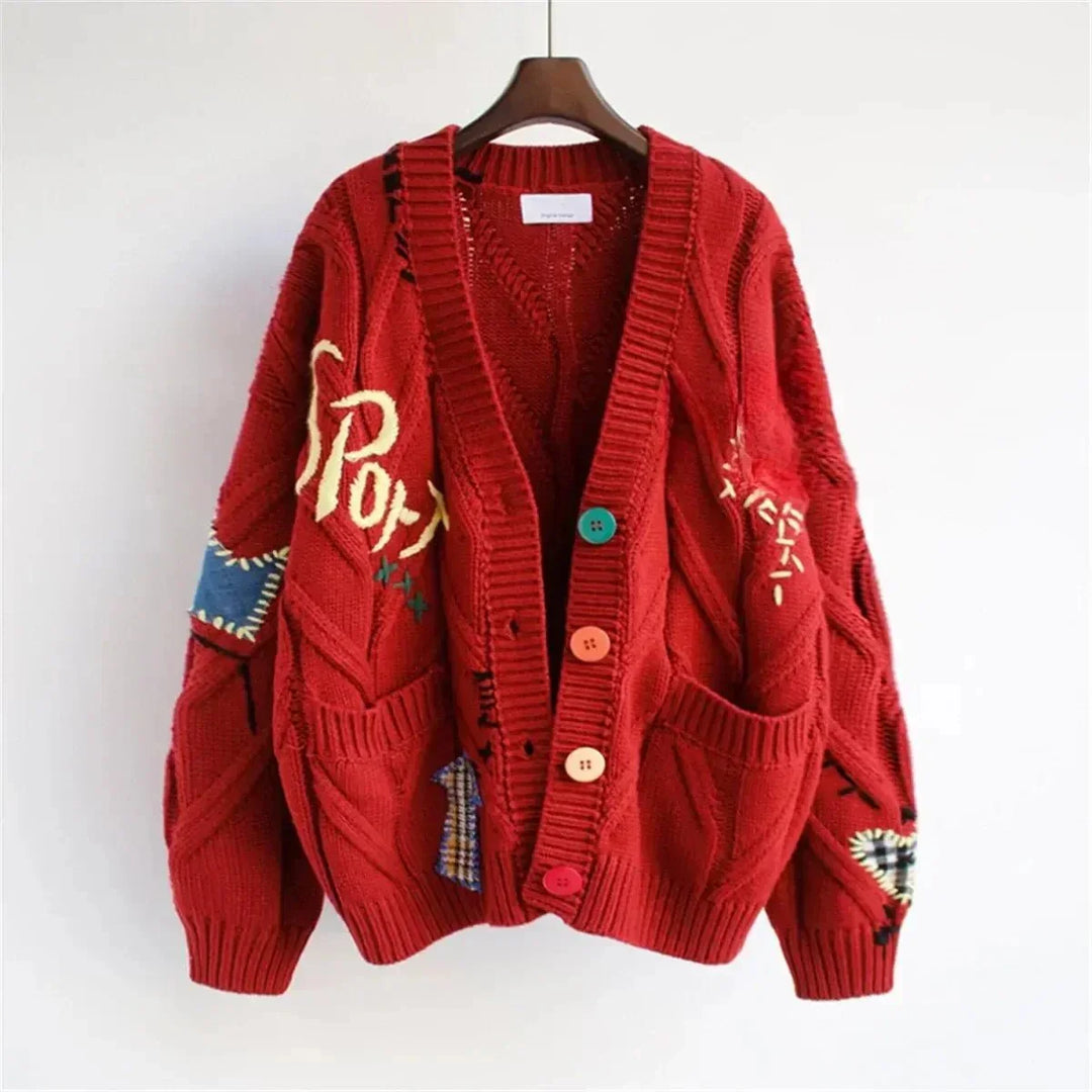 Drune | Oversize Cardigan Dickes Strick Einzigartiger und Farbiger Stil
