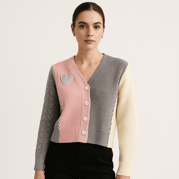 Drune | Cardigan Patchwork Herz Strukturstrick Kreativ, Soft & Trendy