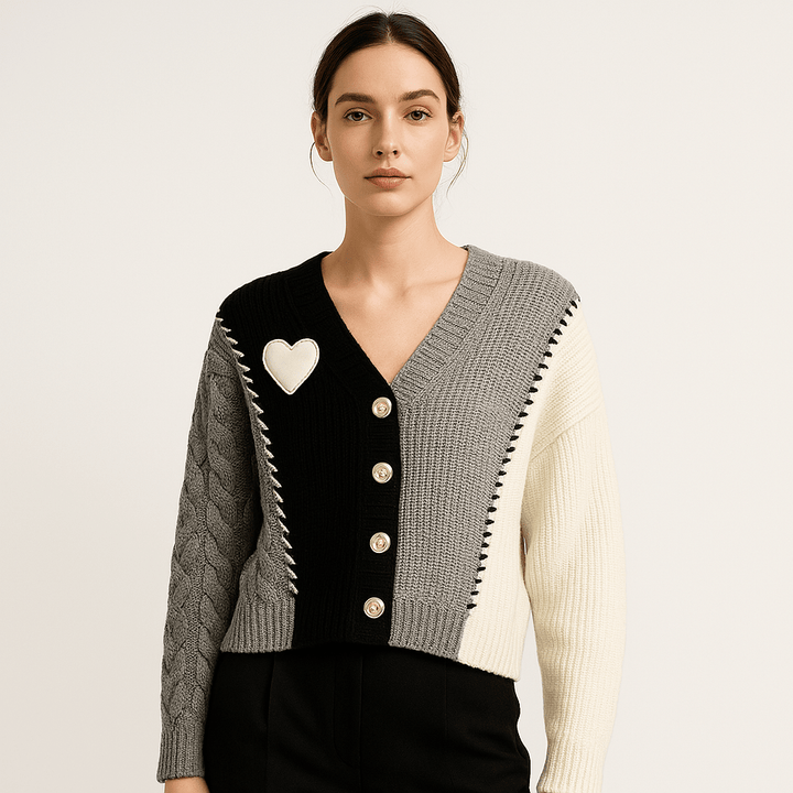Drune | Cardigan Patchwork Herz Strukturstrick Kreativ, Soft & Trendy