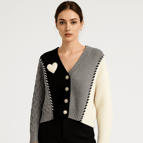 Drune | Cardigan Patchwork Herz Strukturstrick Kreativ, Soft & Trendy