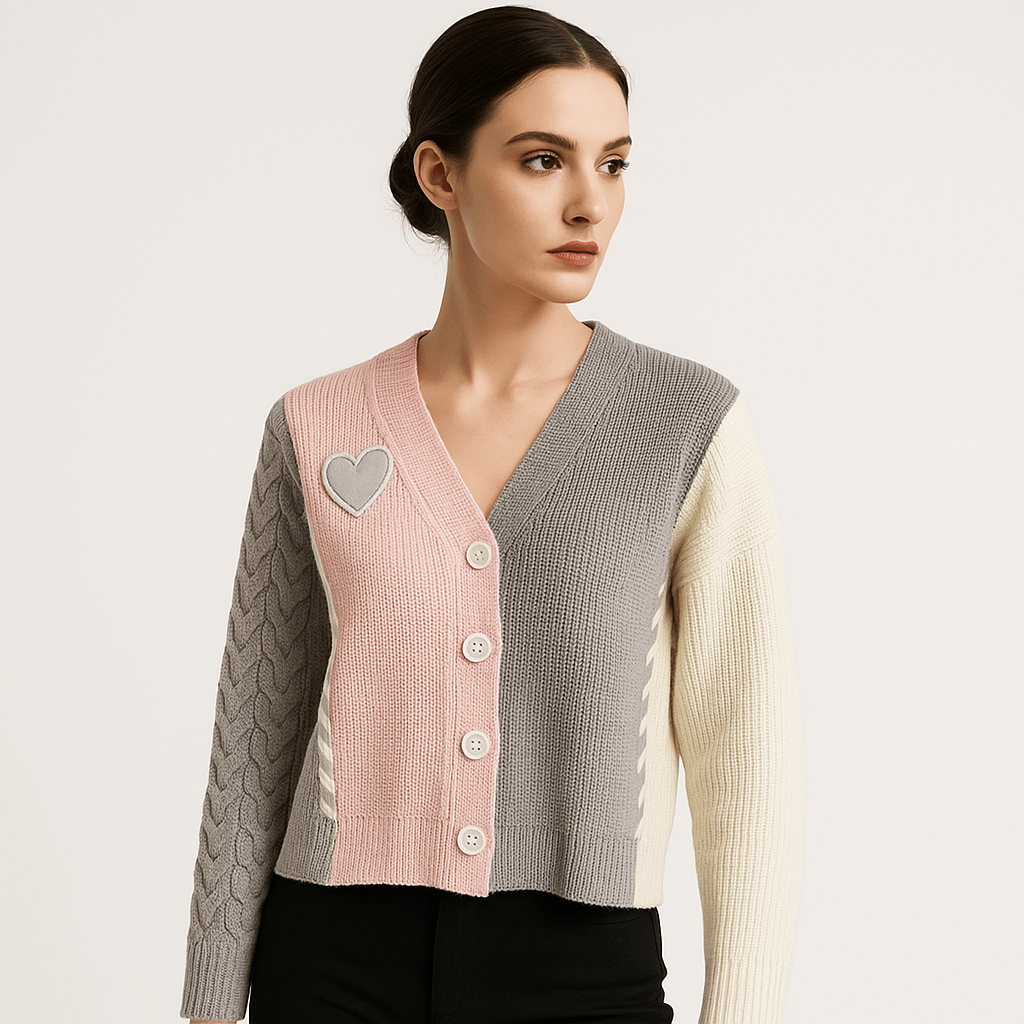 Drune | Cardigan Patchwork Herz Strukturstrick Kreativ, Soft & Trendy