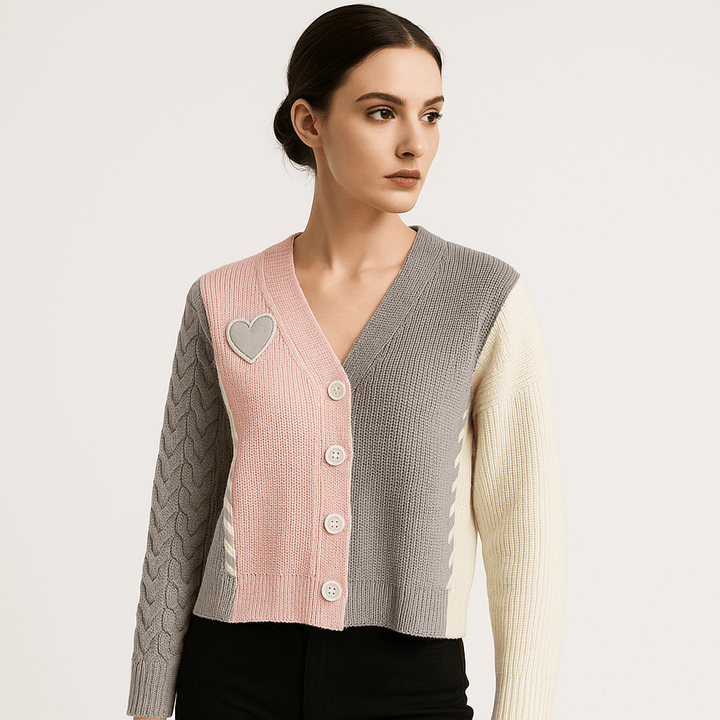 Drune | Cardigan Patchwork Herz Strukturstrick Kreativ, Soft & Trendy