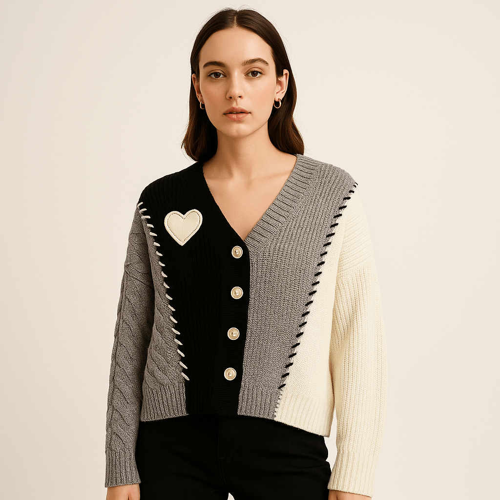 Drune | Cardigan Patchwork Herz Strukturstrick Kreativ, Soft & Trendy