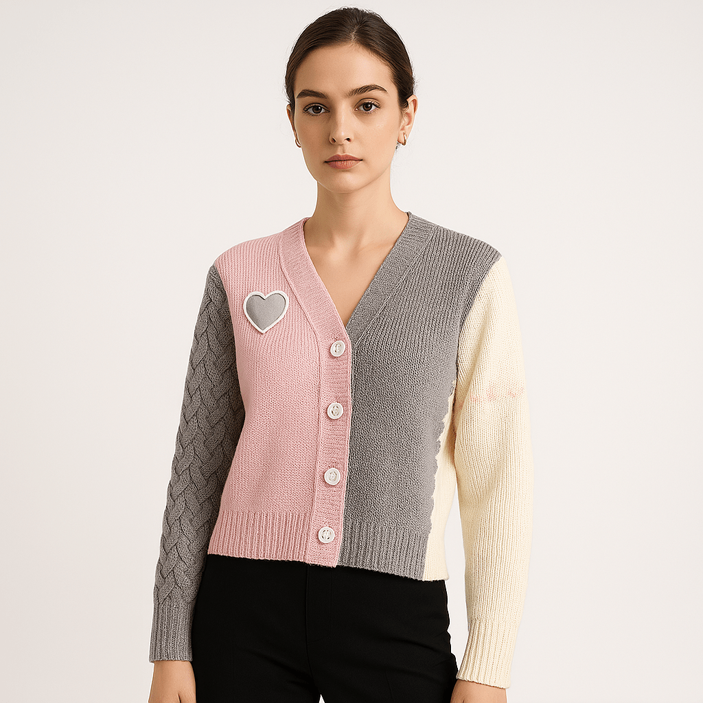 Drune | Cardigan Patchwork Herz Strukturstrick Kreativ, Soft & Trendy