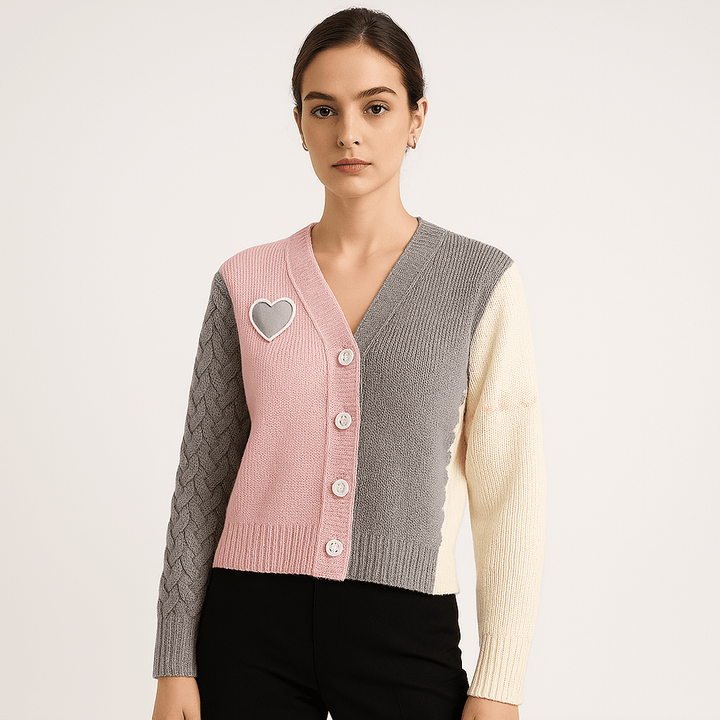 Drune | Cardigan Patchwork Herz Strukturstrick Kreativ, Soft & Trendy