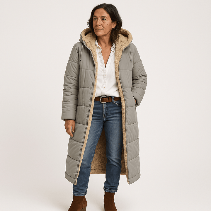 Drune | Langer Steppmantel Khaki Mit Warmem Futter aus Faux-Fur Perfekt für den Winter