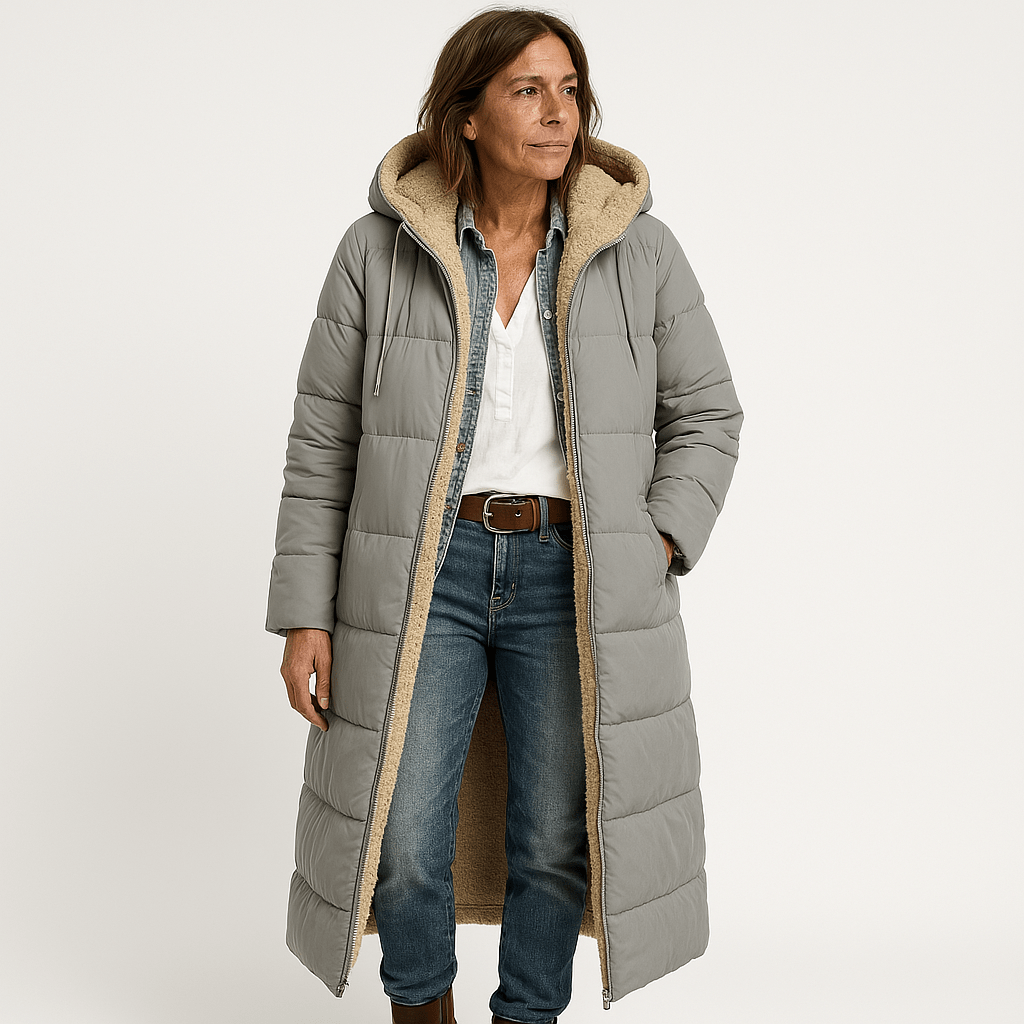 Drune | Langer Steppmantel Khaki Mit Warmem Futter aus Faux-Fur Perfekt für den Winter