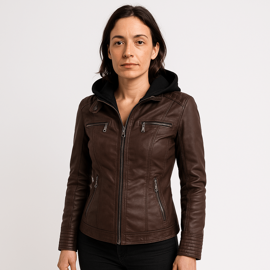 Drune | Lederimitatjacke Braun im Biker-Stil mit Kapuze Urbaner & Trendiger Look