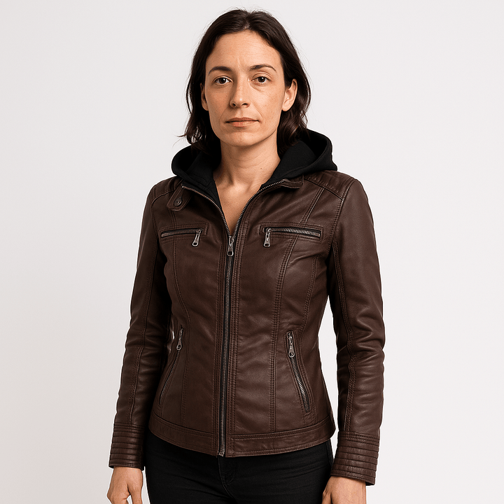 Drune | Lederimitatjacke Braun im Biker-Stil mit Kapuze Urbaner & Trendiger Look