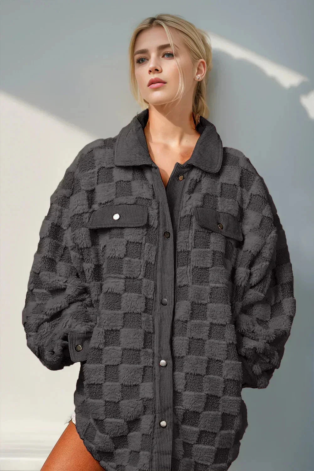 Drune | Oversized & Gemütliches kariertes Ecru-Fleece-Hemd