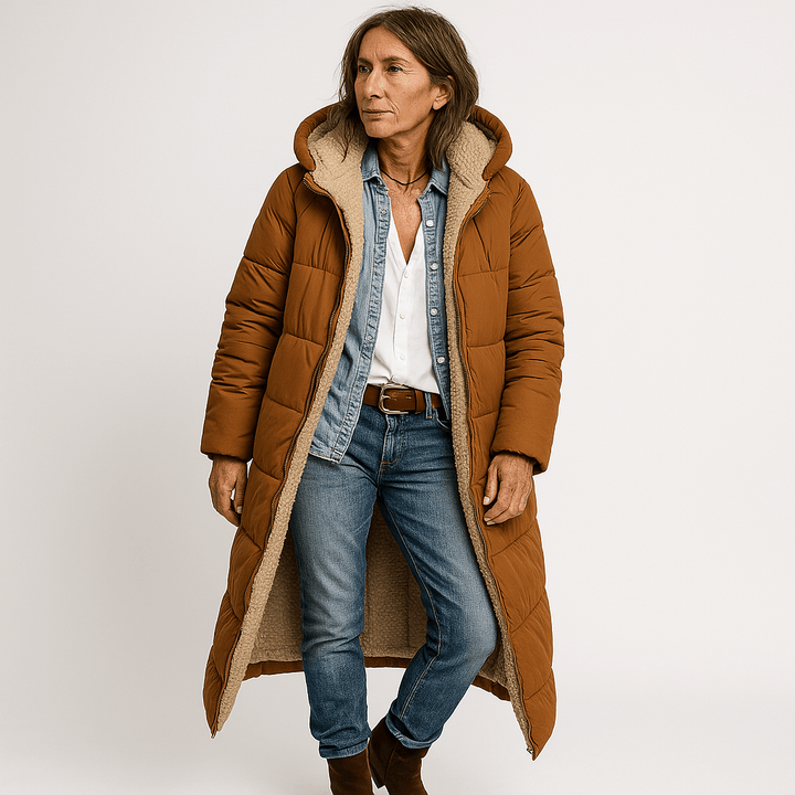 Drune | Langer Steppmantel Khaki Mit Warmem Futter aus Faux-Fur Perfekt für den Winter