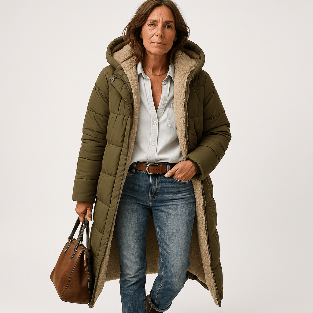 Drune | Langer Steppmantel Khaki Mit Warmem Futter aus Faux-Fur Perfekt für den Winter
