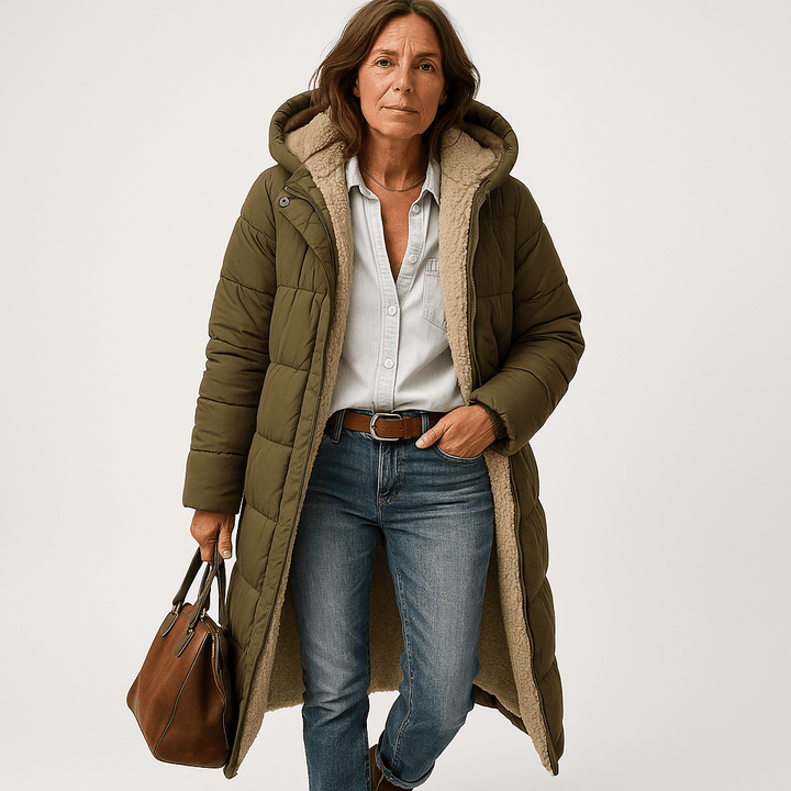 Drune | Langer Steppmantel Khaki Mit Warmem Futter aus Faux-Fur Perfekt für den Winter