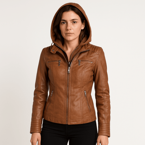 Drune | Lederimitatjacke Braun im Biker-Stil mit Kapuze Urbaner & Trendiger Look
