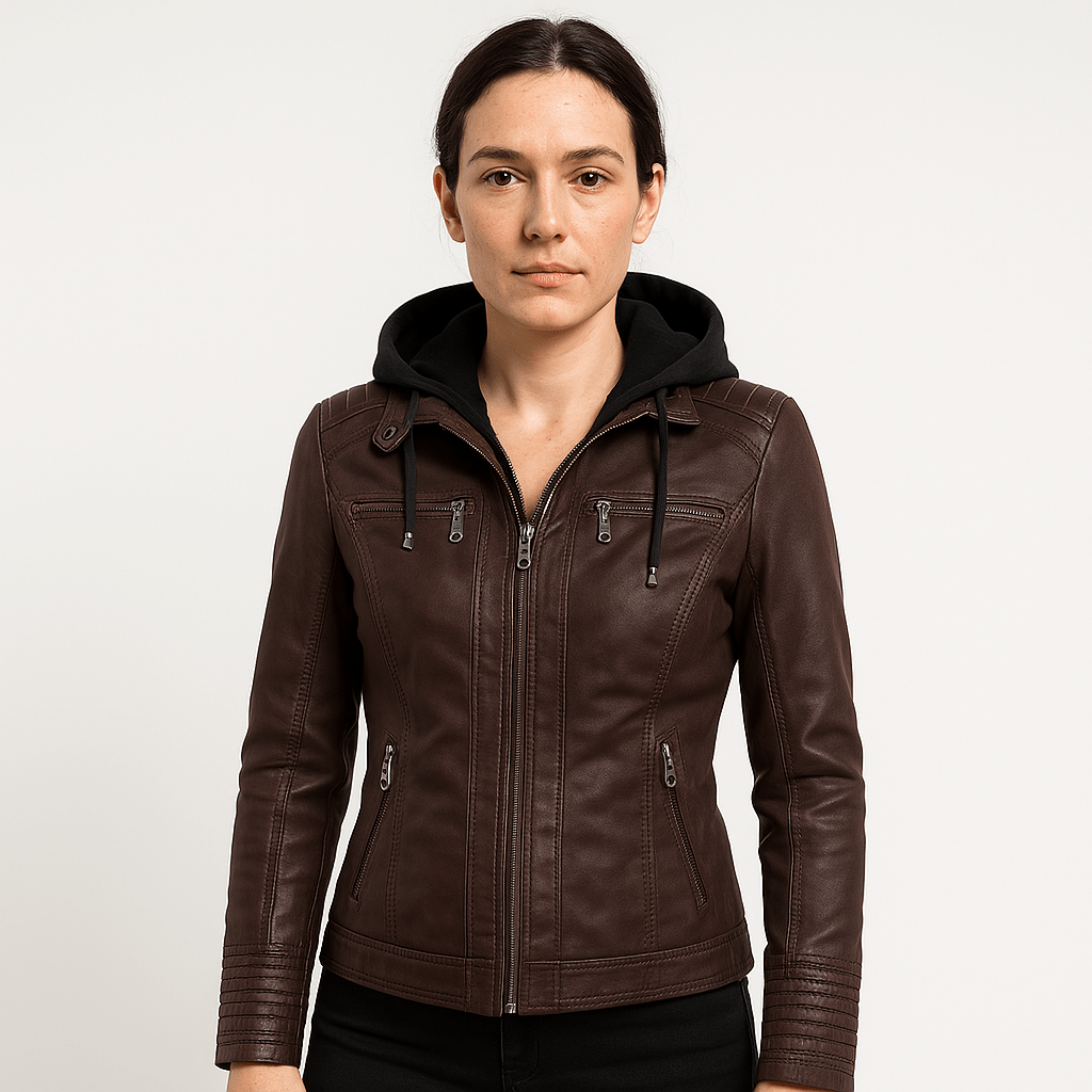 Drune | Lederimitatjacke Braun im Biker-Stil mit Kapuze Urbaner & Trendiger Look