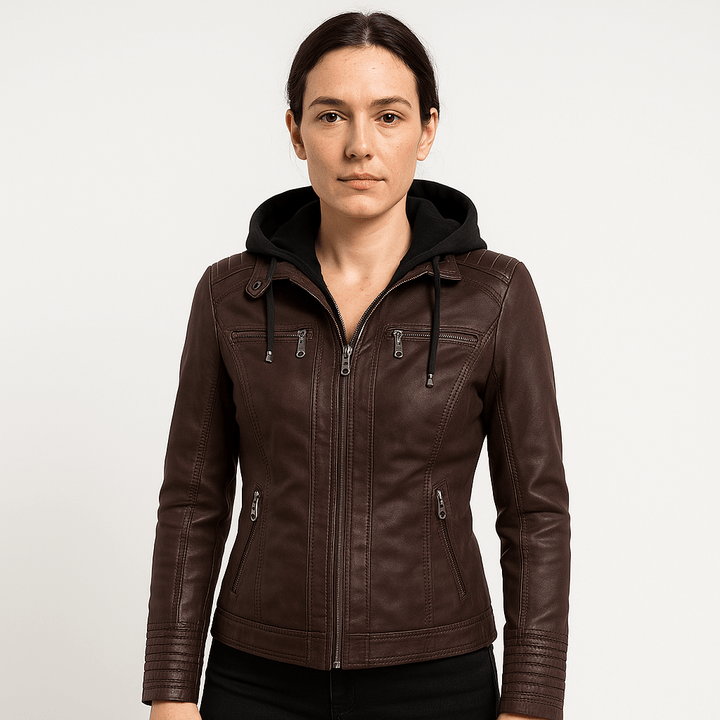 Drune | Lederimitatjacke Braun im Biker-Stil mit Kapuze Urbaner & Trendiger Look