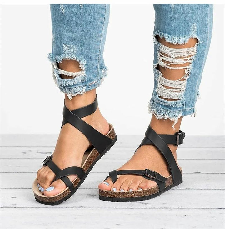Drune | Leder Flachsohlen Sandalen Flip Flop Gürtel Schnalle Rom Stil