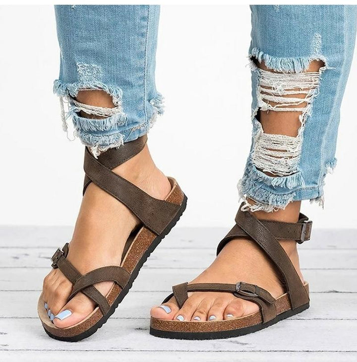 Drune | Leder Flachsohlen Sandalen Flip Flop Gürtel Schnalle Rom Stil