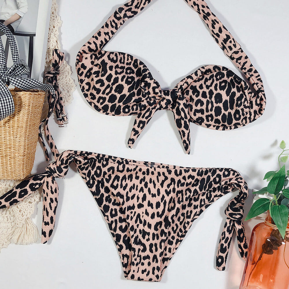 Drune | Leopardenmuster Schleifen Bandeau Brasilianischer Zweiteiliger Bikini Badeanzug