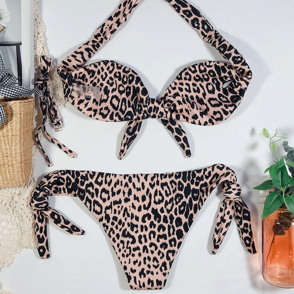 Drune | Leopardenmuster Schleifen Bandeau Brasilianischer Zweiteiliger Bikini Badeanzug